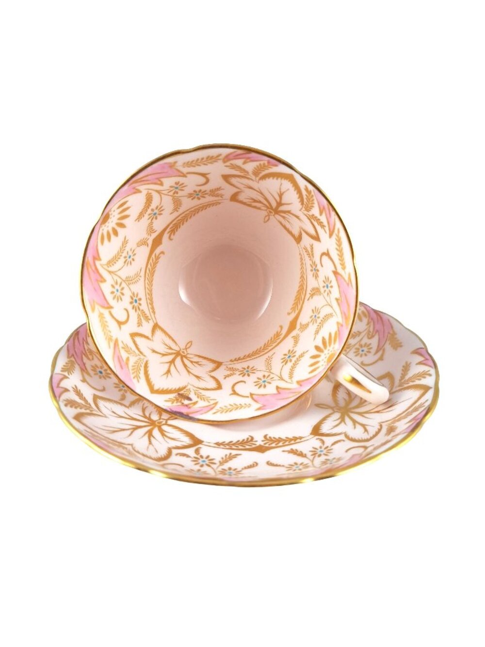 Tuscan Maple Leaf Pink Wide Mouth Tea Cup & Saucer Gold Trim Bone China Vintage